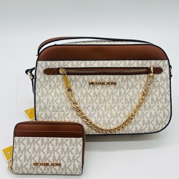 MICHAEL KORS LARGE EW ZIP CHAIN CROSSBODY BAG & JET SET TRAVEL MD ZA CARD CASE - Picture 1 of 15